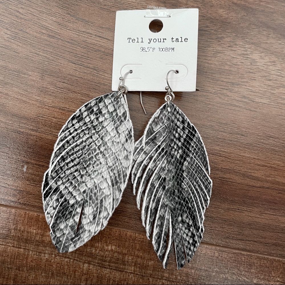 Tell Your Tale snakeskin feather earrings